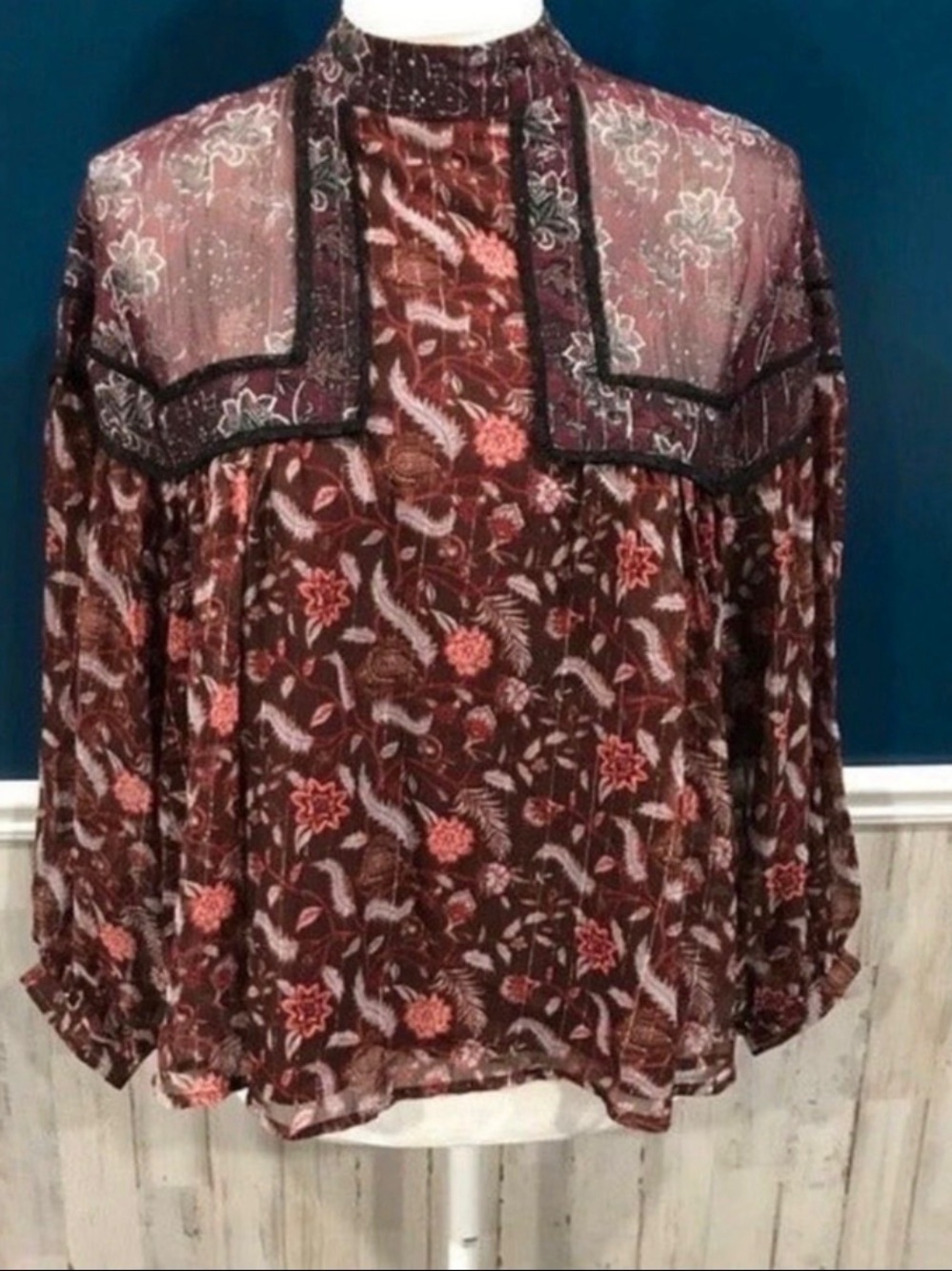 Zara ZW Collection Burgundy Floral Sheer High-Neck Blouse - Picture 11 of 11
